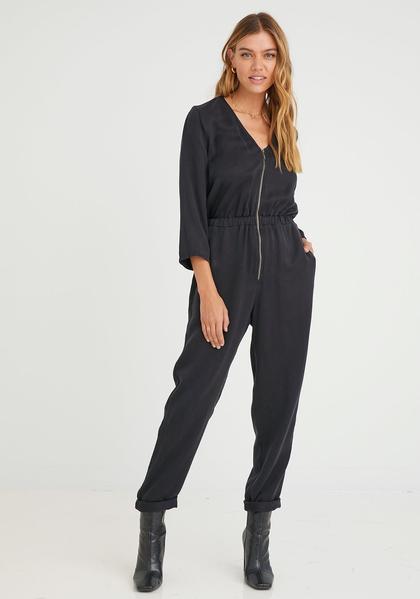 Long Sleeve Zip Up Jumpsuit Black