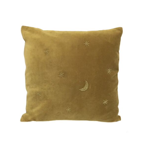 A la Velvet Cushion Moon Stars Mustard