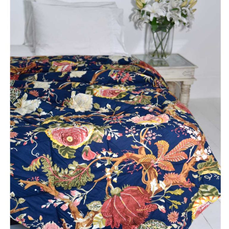 Powell Craft Blue Carnation Print Cotton Indian Bed Quilt