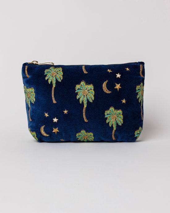 Midnight Palm Cobalt Velvet Makeup Bag