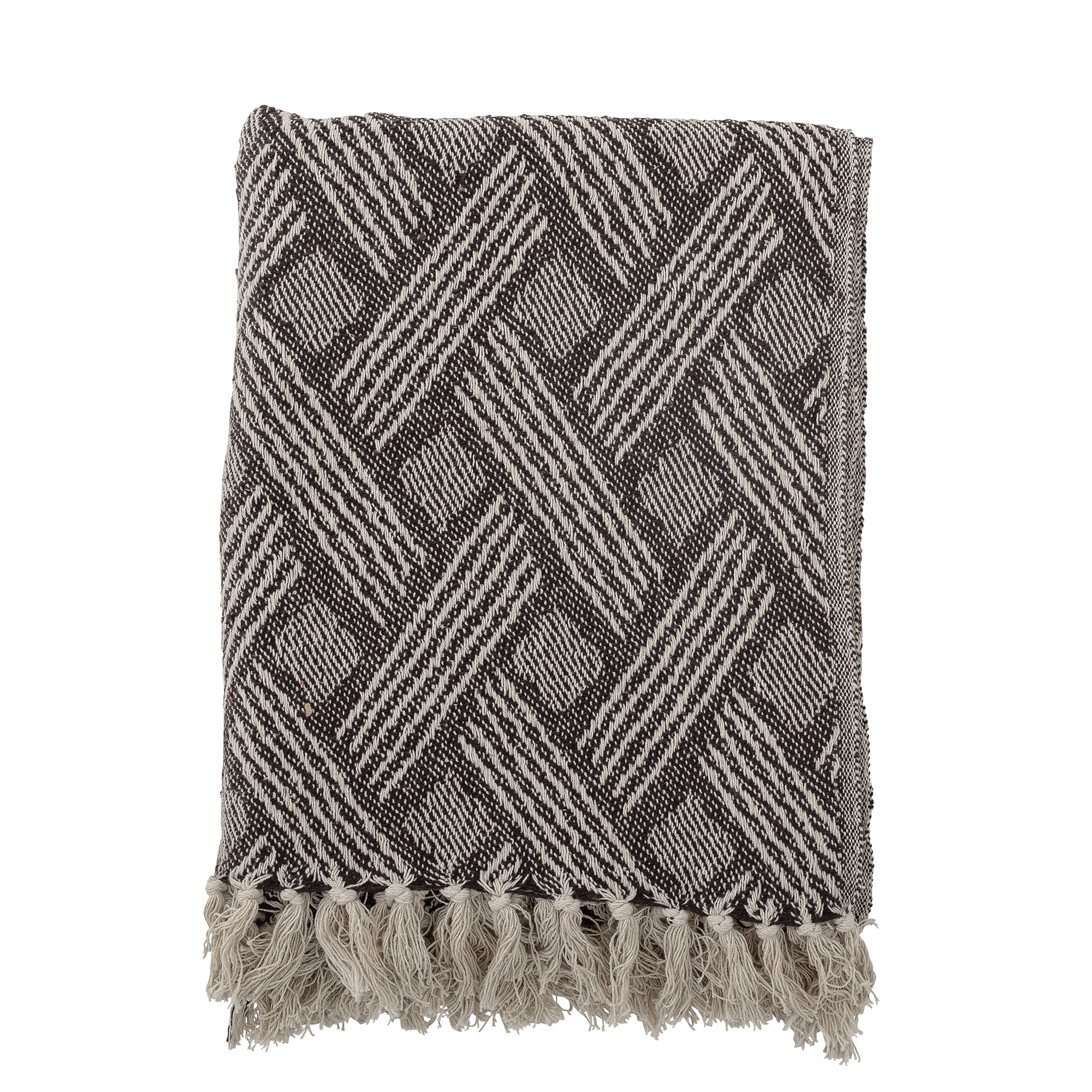 Bloomingville Recycled Cotton Blanket with Diagonal Lines and Fringes in Brown Colour