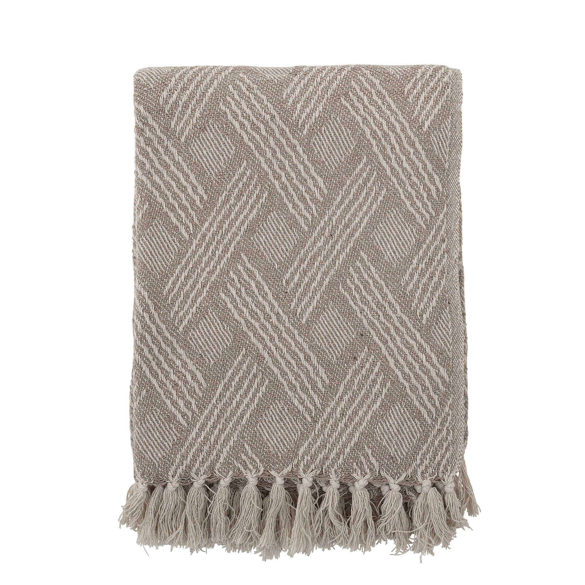 Bloomingville Recycled Cotton Blanket with Diagonal Lines and Fringes in Beige Colour