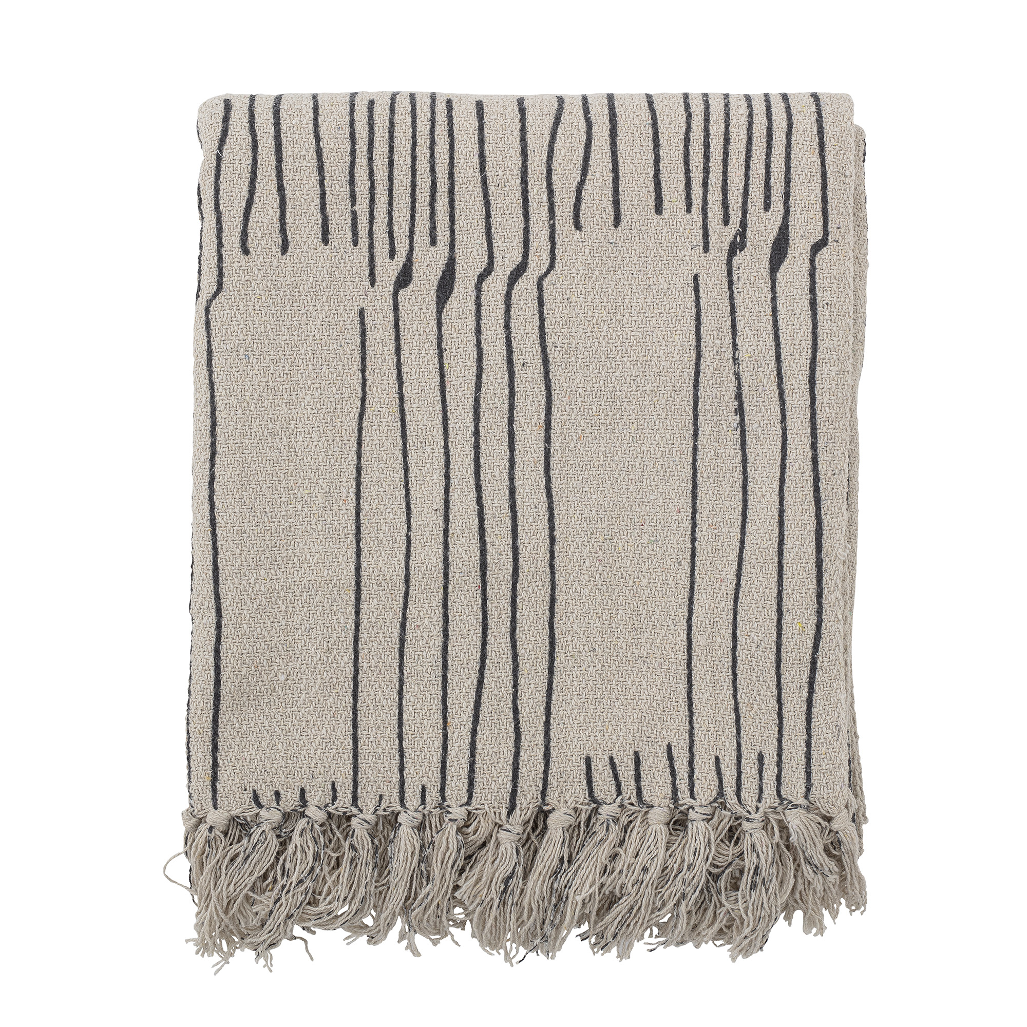 Bloomingville Recycled Cotton Blanket with Beige Fringes and Dark Grey Lines