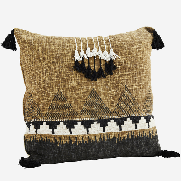 Madam Stoltz 60 x 60cm Native Printed Cushion Cover with Tassels Tapernade & Black
