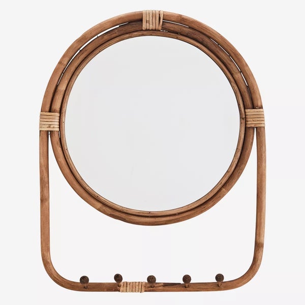 Mirror with Rattan Frame and Hooks