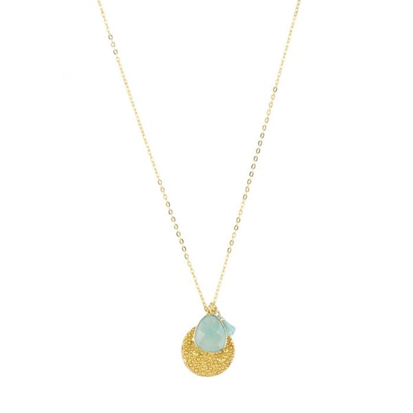 Spell Coin Charm Gold Necklace With Aqua Chalcedony