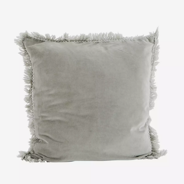 Velvet Cushion W/Fringes Light Grey