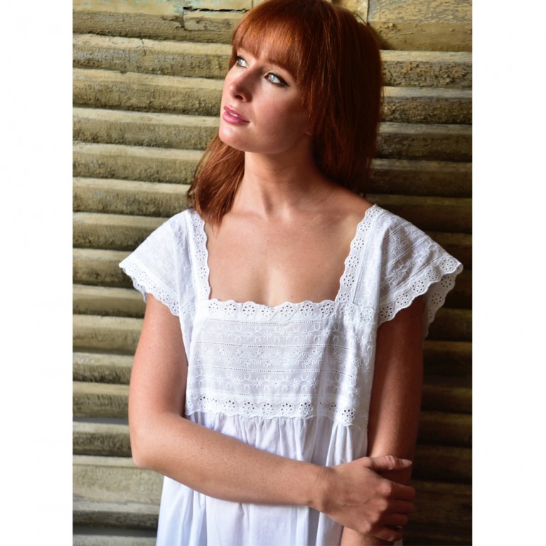 Ladies White Cotton Sleeveless Nightdress With Square Embroidered Neckline 'Pearl&#x27