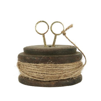 Wooden Spool W/Jute String and Scissors Unique