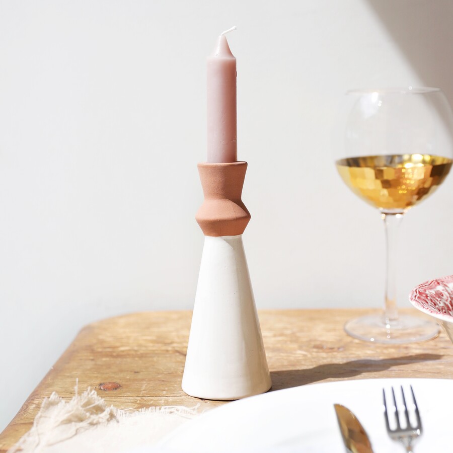 &Quirky White and Terracotta Candlestick Holder