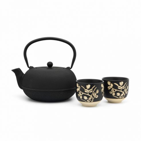 Bredemeijer Gift Set With Sichuan Design Teapot 1.0l In Cast Iron Black With 2 Porcelain Cups In Black  &  Ecru