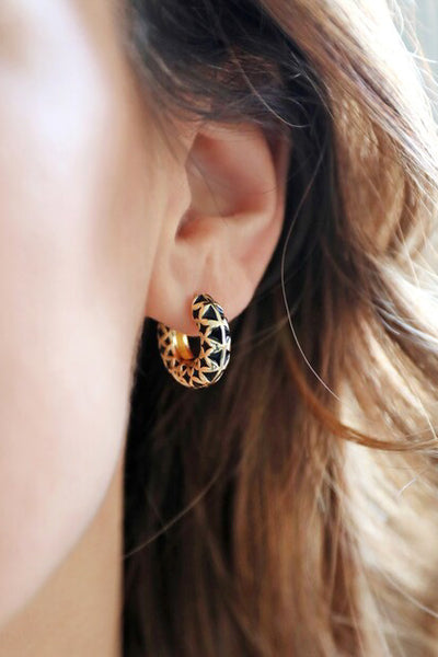 Black Geometric Enamel Hoop Earrings In Gold