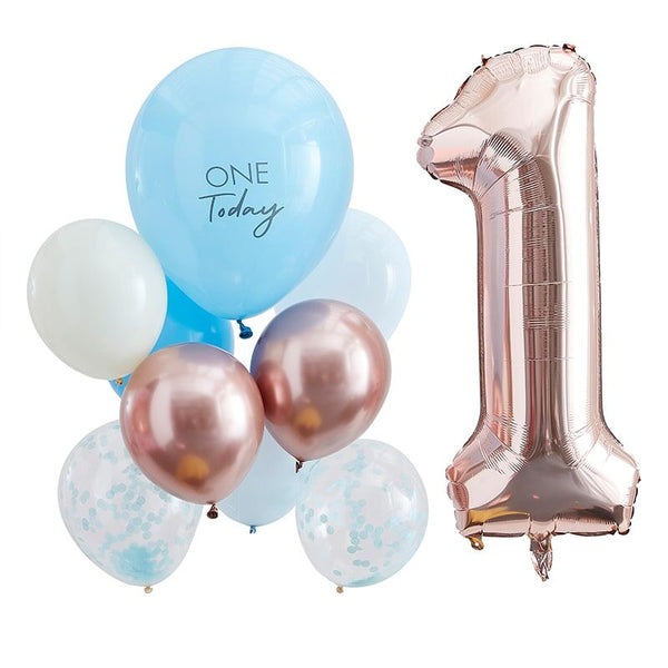 Gingerray Blue And Rose Gold First Birthday Balloons