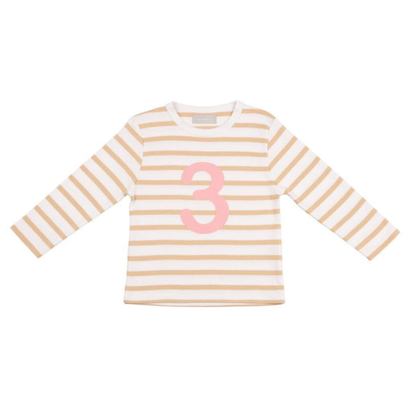 Biscuit & White Breton Striped Pink Number 3 T-Shirt