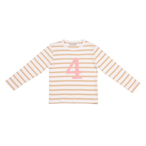 Biscuit & White Breton Striped Pink Number 4 T-Shirt