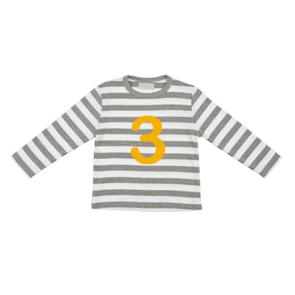 Bob and Blossom Grey Marl & White Breton Striped Mustard Number 3 T-Shirt