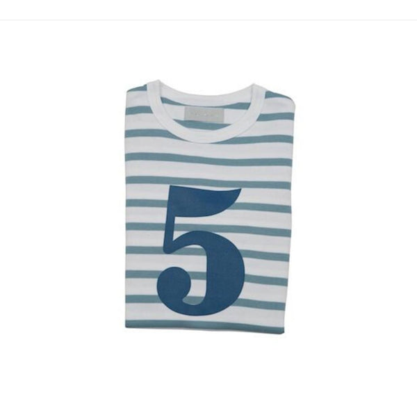 Ocean Blue & White Breton Striped Blue Number 5 T-Shirt