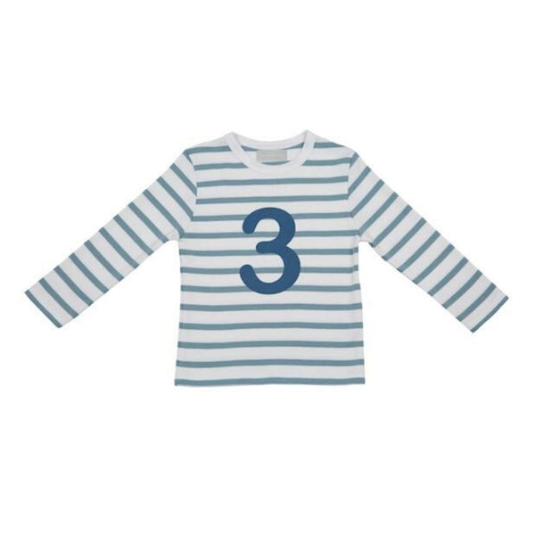 Ocean Blue & White Breton Striped Blue Number 3 T-Shirt