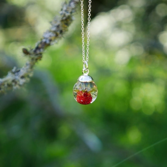 Botanic Isles Wild Strawberry Resin Sphere Silver Necklace