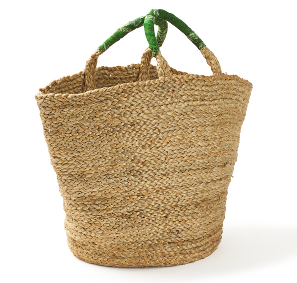 BaSE Small Woven Jute Basket With Green Handle