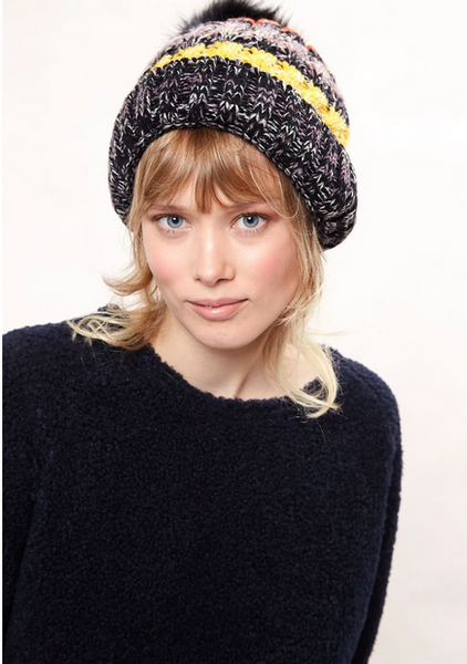 Orla Striped Knitted Beanie With Faux Fur Bobble