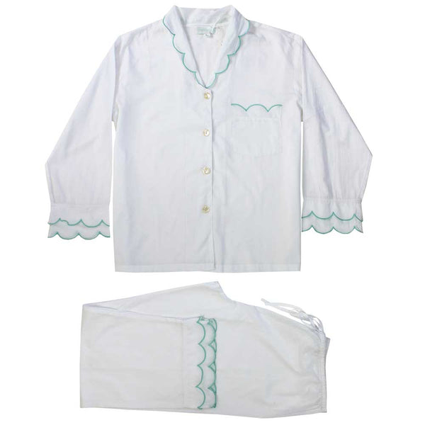 Powell Craft Cotton Pyjamas - White & Mint Scalloped Edge