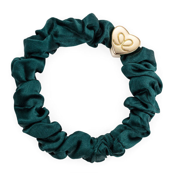 Chive Green Silk Scrunchie With Gold Heart