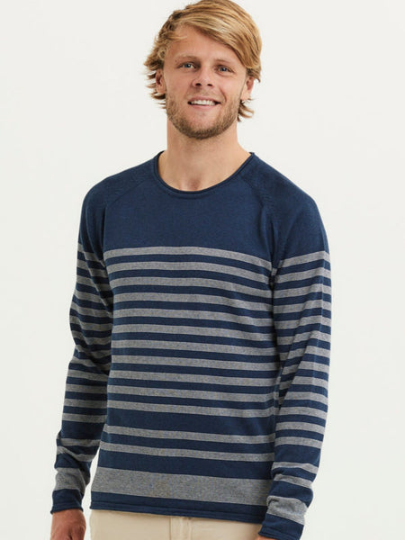 Knowledge Cotton Apparel  Forrest Striped Long Stable Cotton Raglan Roll Edge Knit