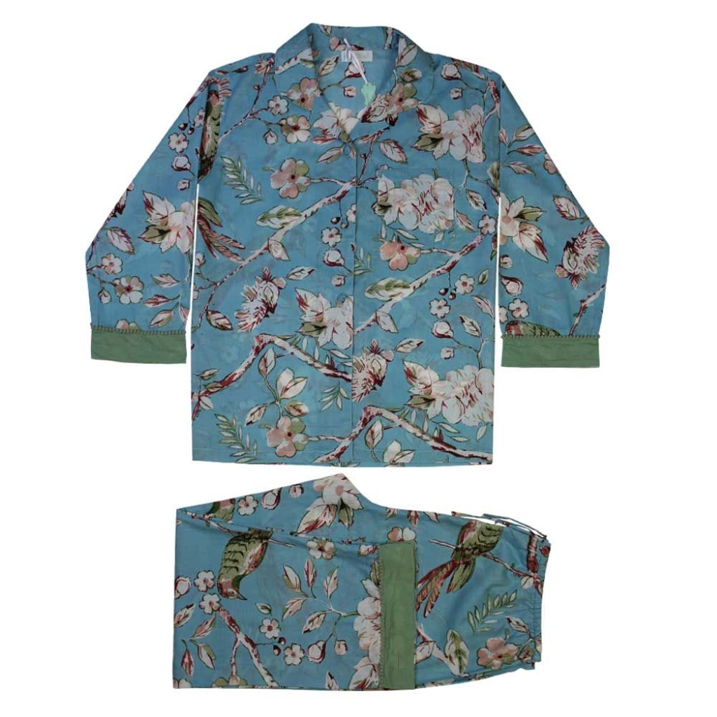 Ladies Blue Blossom and Bird Print Cotton Pyjamas