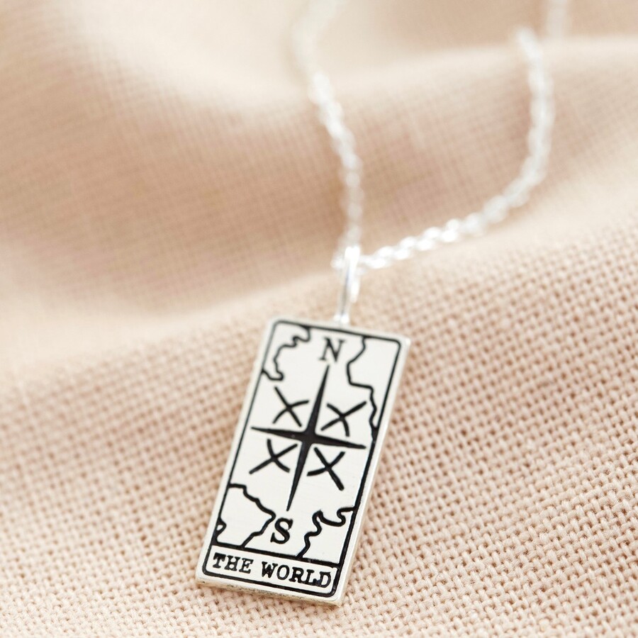 Lisa Angel Silver The World Tarot Card Pendant Necklace