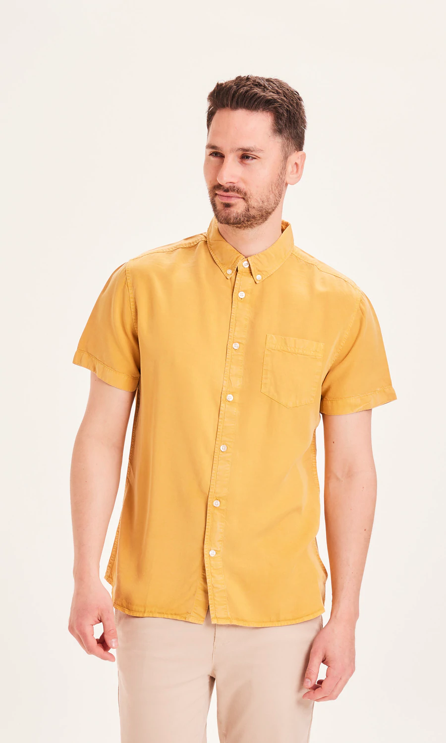 Knowledge Cotton Apparel  90884 Larch Tencel Garment Dyed SS Custom Fit Shirt Honey Gold