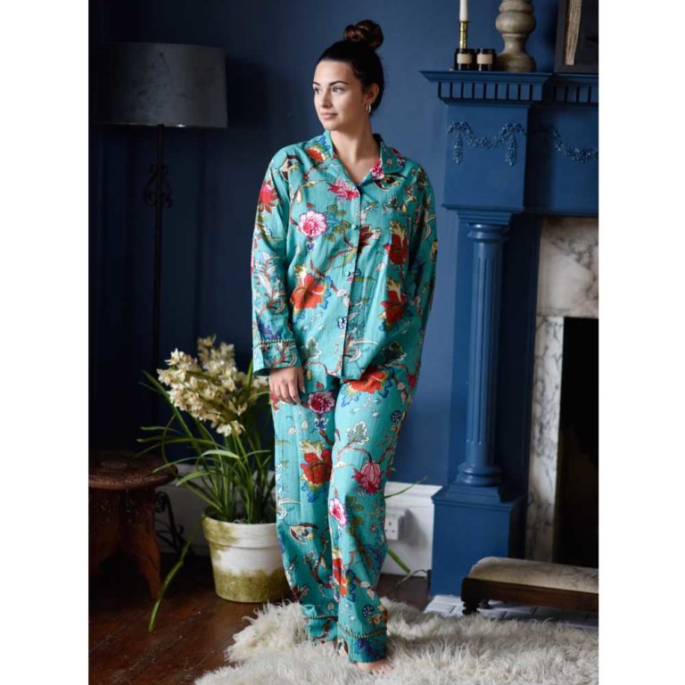 Ladies Teal Exotic Flower Print Cotton Pyjamas CH7390