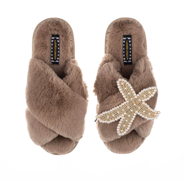 Laines London Toffee Slippers With Gold Starfish
