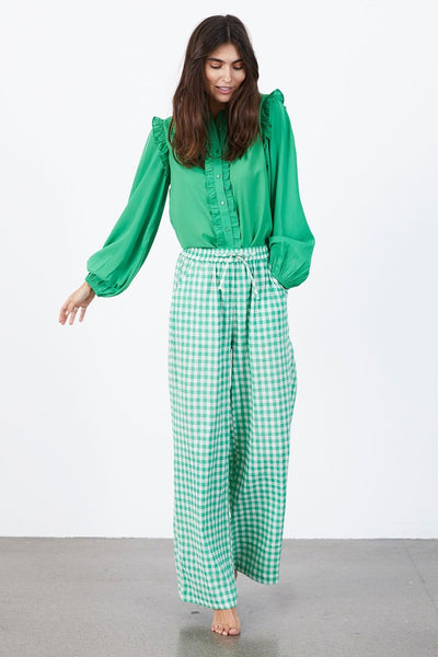 green gingham trousers