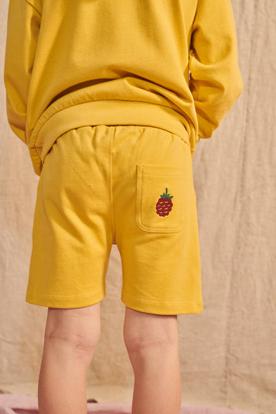 LOVE kidswear Enno Shorts In Mustard Yellow With Blackberry Embroidery For Kids