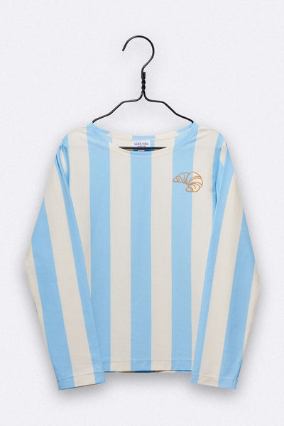 LOVE kidswear Timmy Longsleeve In Light Blue & Cream Stripes With Croissant Embroidery For Kids