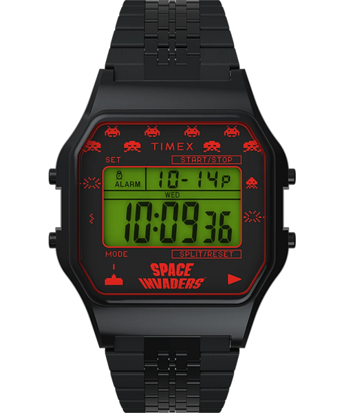 Timex Archive 34mm Black Stainless Steel T80 X Space Invaders Bracelet Watch 