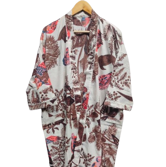 Brown Botanical Cotton Kimono Dressing Gown Robe Natures Bounty