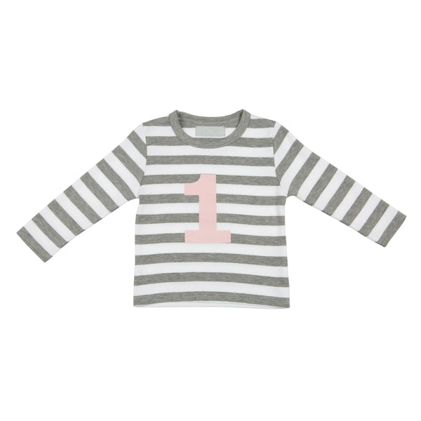 Bob and Blossom Grey Marl & White Striped Number 1 T Shirt Mallow Pink