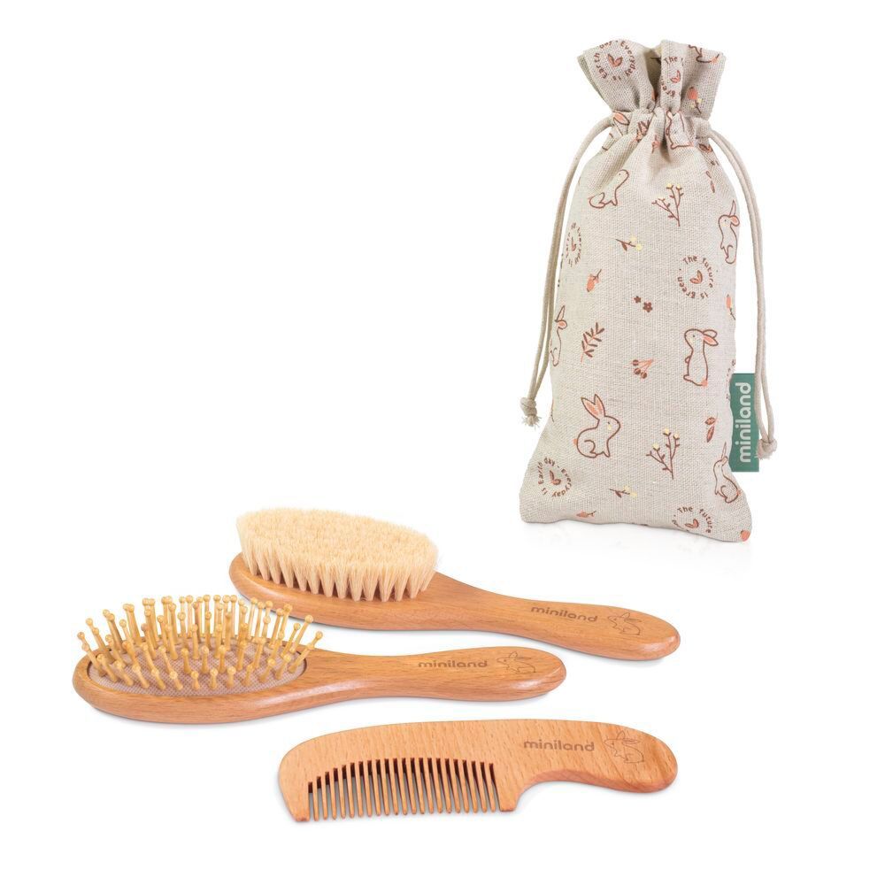 Miniland Pack of 3 Natur Bunny Brushes and Haircare Kit
