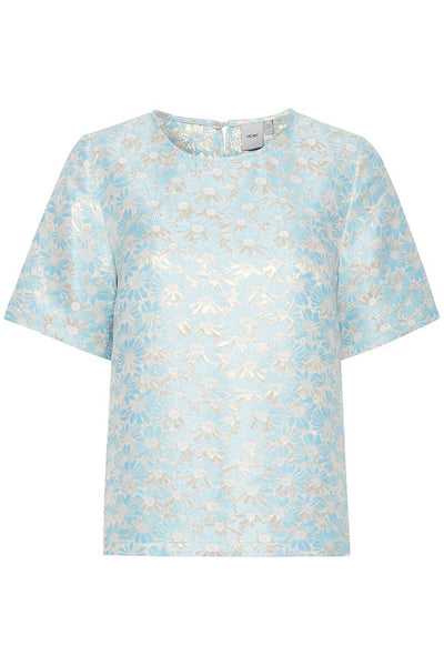 ICHI Pale Blue Blouse With Gold Detail And Short Sleeve
