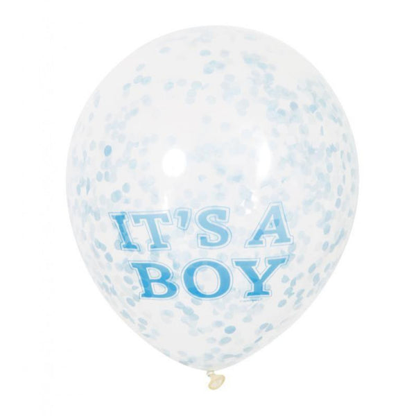 cotillons Alsace 6 Transparent Blue Balloons 30 Cm With Confetti - It's A Boy