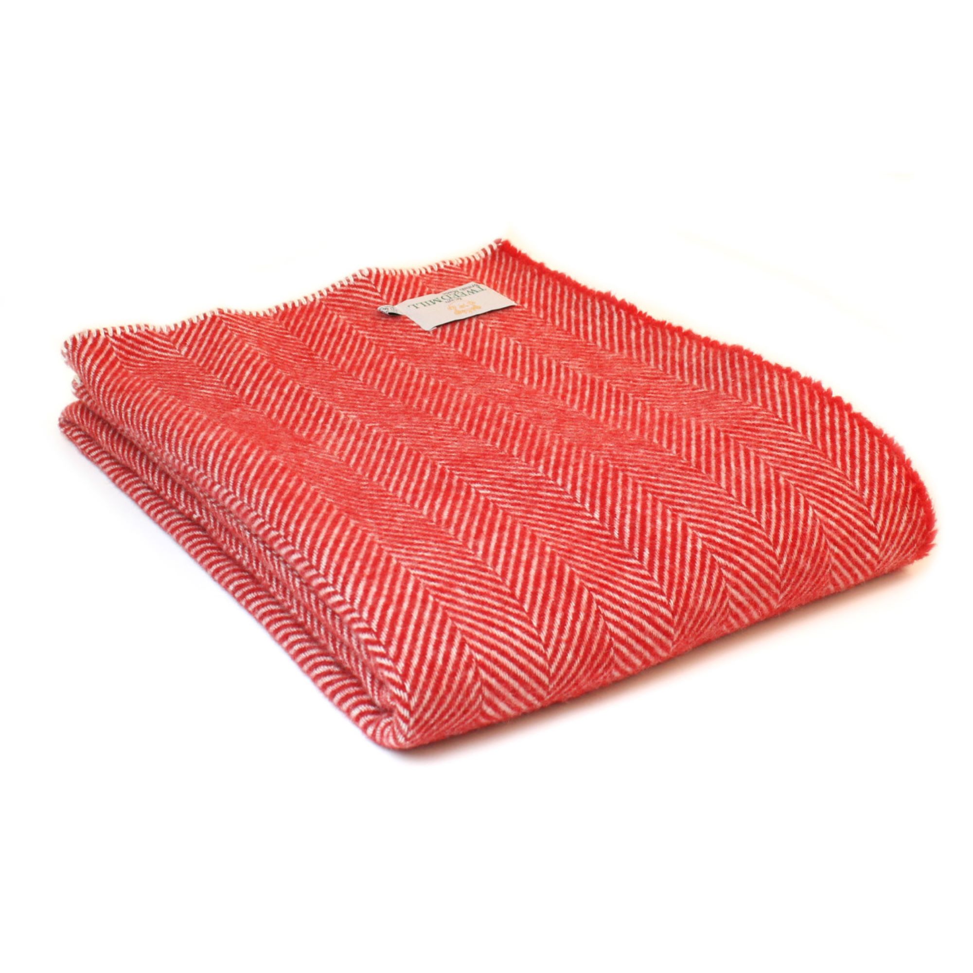 Tweedmill Red Fishbone Pure New Wool Throw with Cream Blanket Stitch Edge