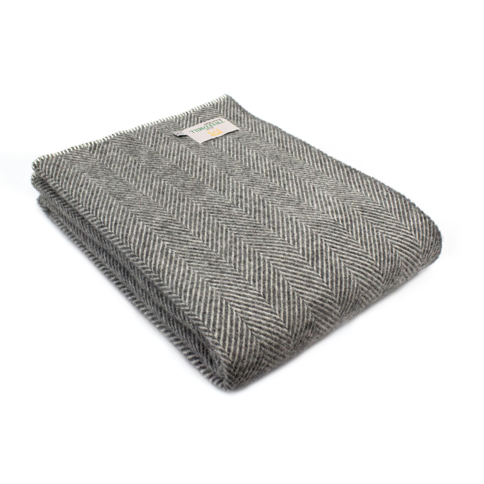 Tweedmill Slate Grey Pure New Wool Fishbone Throw with Cream Blanket Stitch Edge