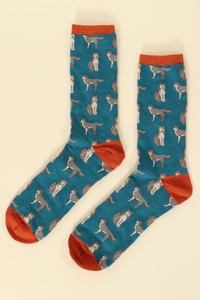 Teal Burnt Orange Mens Huskie Print Socks