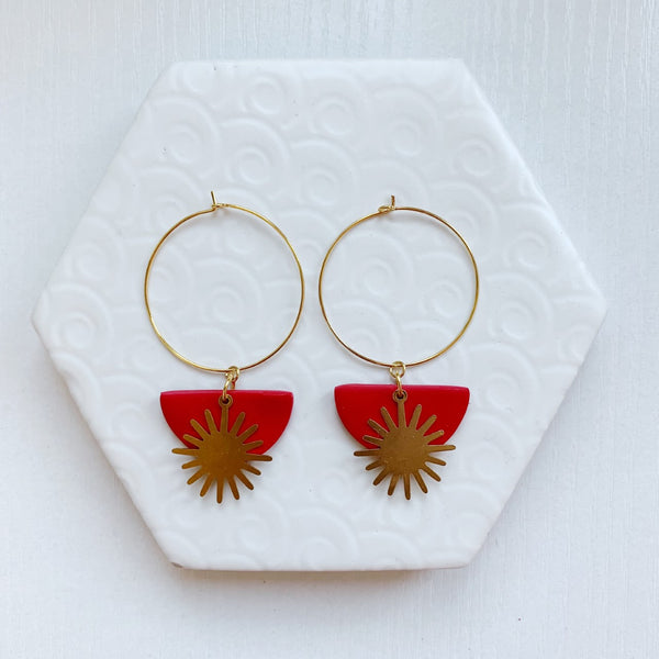 Orange And Gold Sun Charm Hoop Or Hook Earrings