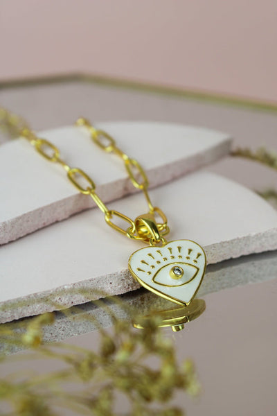 My Doris White Eye Heart Enamel Necklace