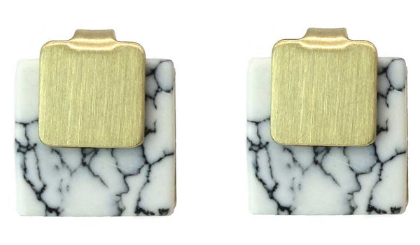 Lark London Abstract Square White Marble Gold Studs