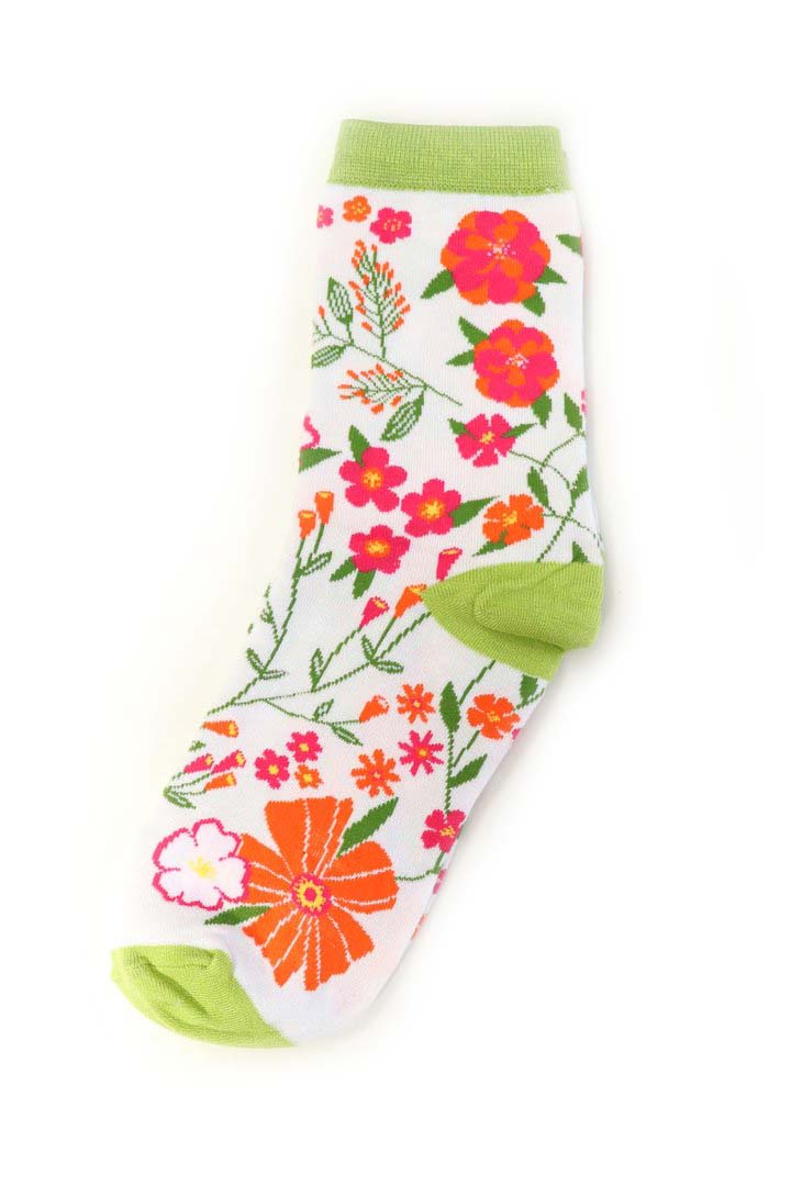 Miss Shorthair Women's White and Green Flower Bamboo Socks