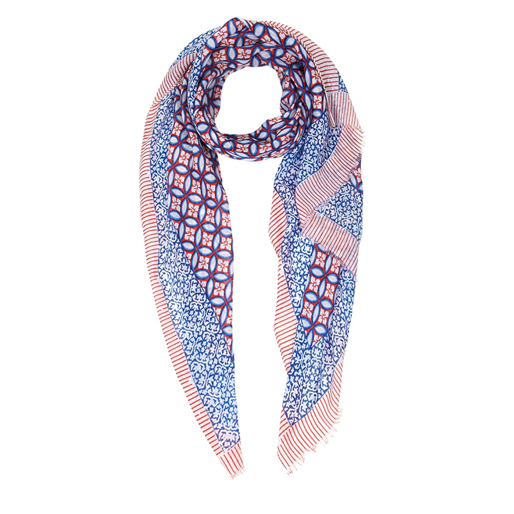 Miss Shorthair Mosaic Patterned Scarf in Red and Blue